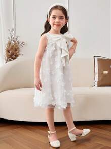 Young Girl Solid Color Organza Ruffled Bow Sleeveless Shift Dress - White - View 4
