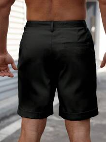 Manfinity Roughcore Men's Casual Solid Color Rolled Hem Slant Pocket Shorts, Summer Black Shorts - Black - View 2