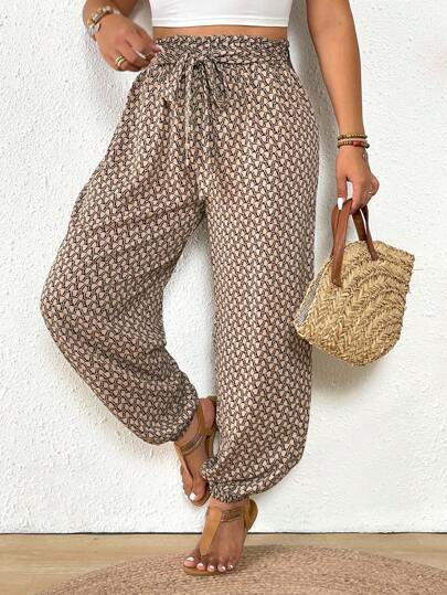 SHEIN Frenchy Plus Size Casual Allover Print Loose Drawstring Pants,Summer Pants