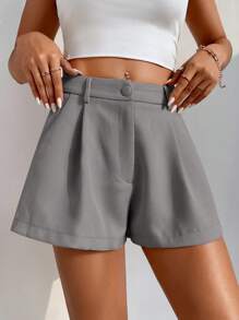 SHEIN PETITE 纯色斜口袋阔腿白色短裤 - 灰色 - 查看 5