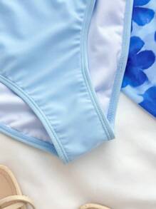 SHEIN 3pcs/Set Teen Girls Solid Pink Halter Bikini Top And Floral Print Skirt, Casual Beach Vacation Set - Blue - View 6