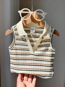 SHEIN Babygirl Cute Striped Knit Sleeveless Polo Shirt, Versatile For Summer