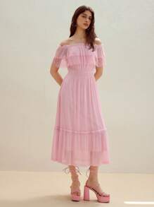 MOTF STUDIO CONTRAST LACE RUFFLE HEM DRESS - Pink - View 7