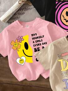 SHEIN 3pcs Tween Girls Casual Cartoon & Positive Smiling Slogan Printed Oversized Crew Neck Short Sleeve T-Shirts, Suitable For Summer
