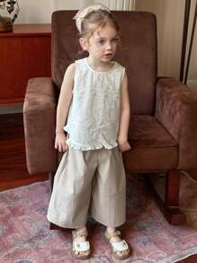 Hapijoa 2-teiliges Set für Kleine Mädchen mit einfarbigem Rundhals-Ärmelloses T-Shirt & Shorts, Mädchen Sommer Outfit - Weiss - Übersicht 3