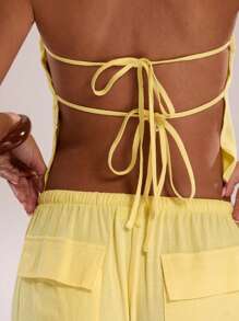 SHEIN BAE Canotta estiva da donna in lino, sexy e con schiena scoperta, lacci, casual, per vacanza o uscite in spiaggia, colore crema giallo
