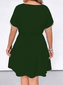 SHEIN LUNE Plus Size Women Women Stylish Summer V-Neck Fringed Belted Dress Ruched Waist Drawstring Dress Plus Casual Dress Short Sleeve Summer Dress Plus Size Boho Dress Tie Short Sleeve Dress Vacation Travel Fringed Belted Dress Spring To Summer Vacation Dresses - Dark Green - View 2