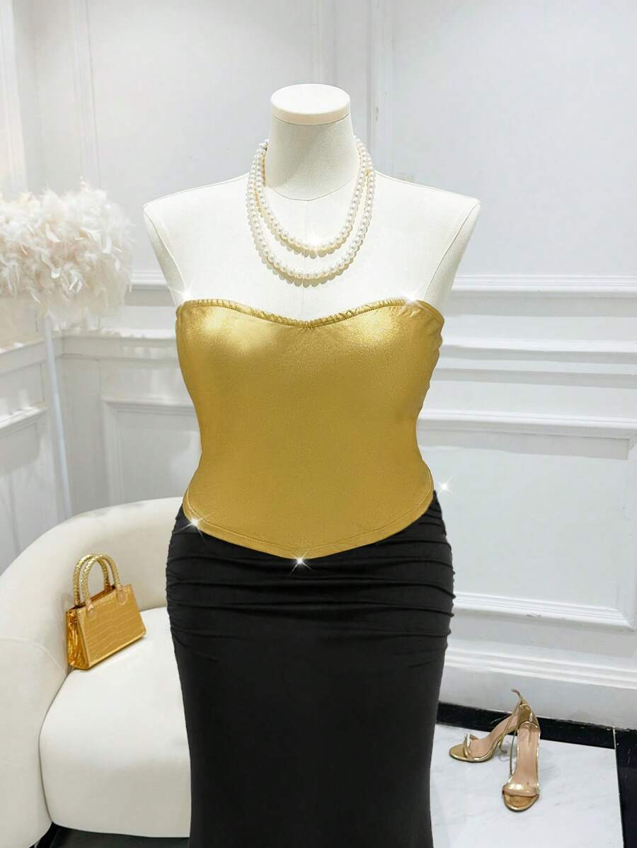INAWLY Top strapless amarillo de unicolor y elegante para tallas grandes - Dorado - Ver 1