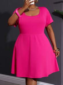 SHEIN CURVE+ Plus Size Elegant Casual Fuchsia Short Sleeve A-Line Mini Dress, Large U Neck, Suitable For Dates And Daily Wear, Summer, Curve Plus, Boho Vacation Beach Outfits For Woman/Beach Dress/Beach Vacation Outfits/Beach Essentials / Graduation/Tea Party Dress - Hot Pink - View 4