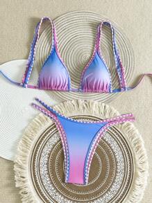 SHEIN Swim 2pcs/Set Women Swimsuit With Floral Print Halter Crop Top And High Cut Bottoms, Vacation Summer Bikini Set - Multicolor - View 1