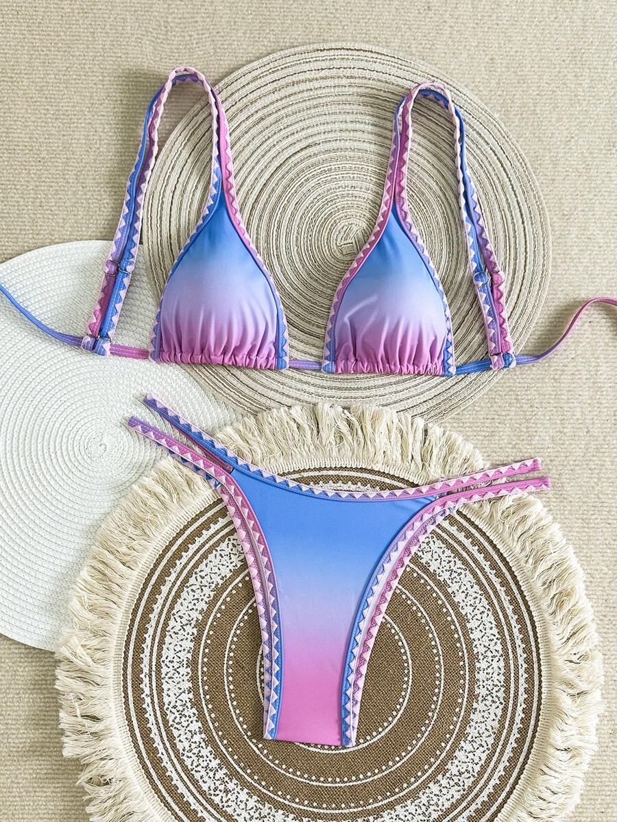 SHEIN Swim 2pcs/Set Women Swimsuit With Floral Print Halter Crop Top And High Cut Bottoms, Vacation Summer Bikini Set - Multicolor - View 1