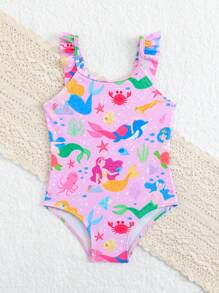 SHEIN Baby Girls Floral Print Ruffled Hem Swimsuit Beach Outfit - Multicolor - View 3