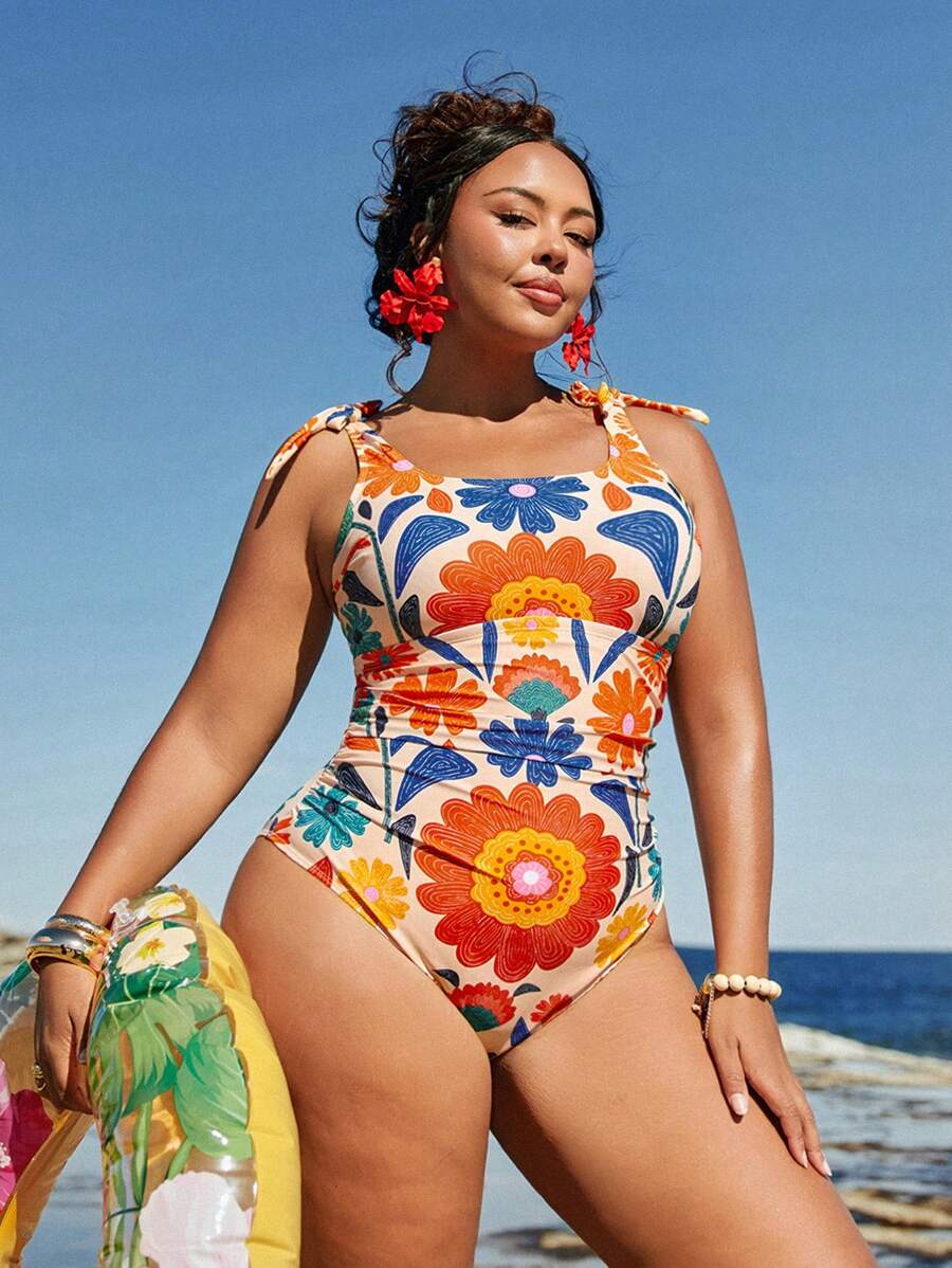 Travachic Plus Size Casual Holiday Tropical Floral Print Shoulder Tie Bow Sexy Apricot One-Piece Swimsuit For Women Bathing Suits Plus Women Plus Size One Pieces - Apricot - View 1