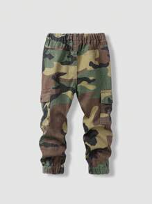 SHEIN Young Boy Retro Casual Street Style Loose Comfortable Multi-Pocket Drawstring Waist & Ankle Zipper Camo Cargo Jeans Pants - Army Green - View 2