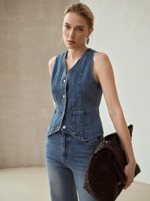 MOTF PREMIUM Top DE MEZCLILLA CON BOTONES AL FRENTE - Azul lavado medio - Ver 7