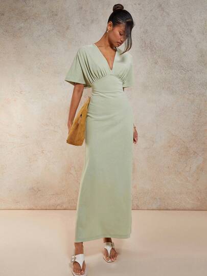 COSMINA Women's Solid Color V-Neck Batwing Short Sleeve Ruffle Long Dress Summer Dresses For Women,Mint Green Dress