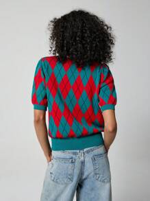 SHEIN EZwear Button Half Placket Argyle Knit Top