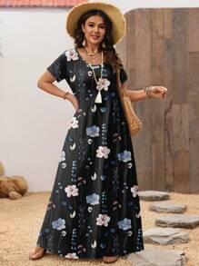 EMERY ROSE Casual Versatile Resort Vintage Ditsy Floral Plus Size Dress, Comfortable & Minimalist, Suitable For Summer - Black - View 6
