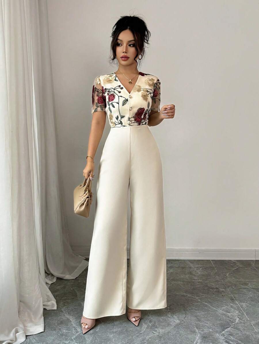 Rafferiza Women's Elegant Embroidered Mesh Button Gathered Waist Jumpsuit - Apricot - View 1