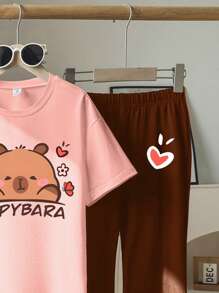 2Pcs Cartoon Pattern Crew Neck Short Sleeve Top And Pants Set, Tween Girls - Multicolor - View 3