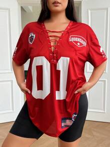 SHEIN EZwear 大码抽绳图案宽松黑色 T 恤 - 紅色 - 查看 4