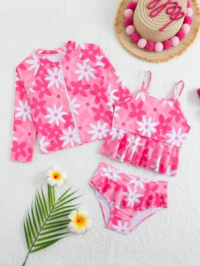 3 件套女童幼儿泳衣套装，彩色豹纹