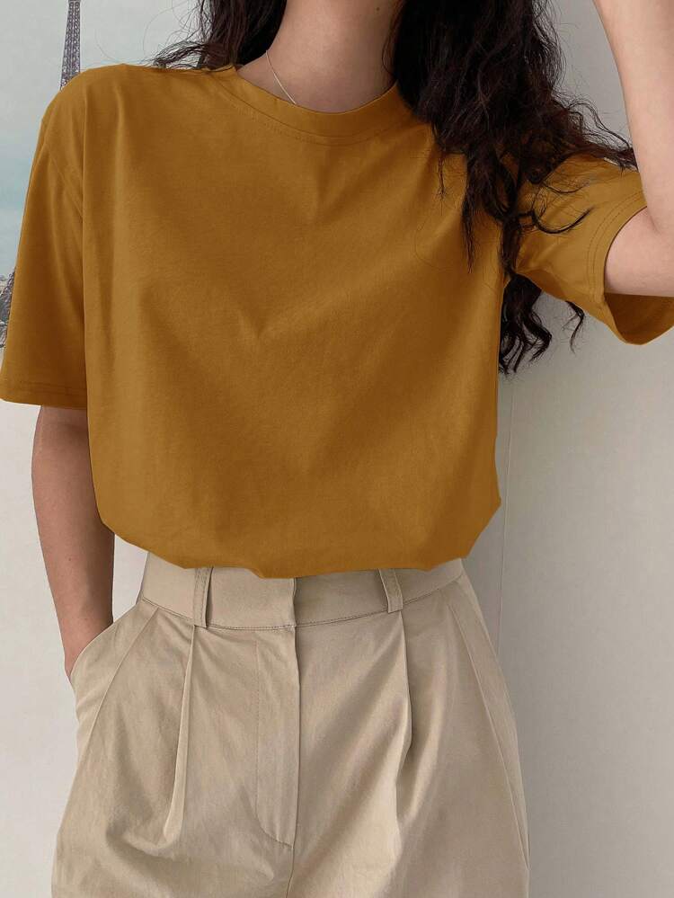 Women's Simple Solid Color Round Neck Breathable Short Sleeve T-Shirt, Summer Preppy Tops