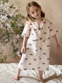 DAZY Young Girl V-Neck Knit Allover Print Nightgown Home Dress, Summer - White - View 4