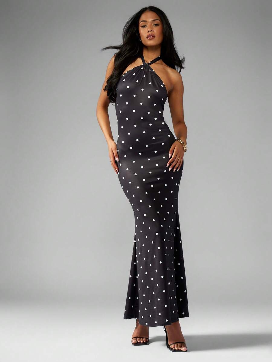 MISSGUIDED Polka Dot Halter Neck Midi Dress - Black - View 1