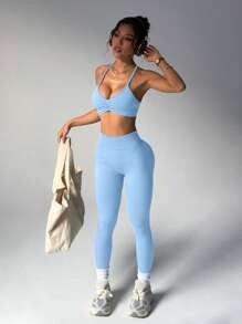 SHEIN Sport Studio Set da donna con canottiera plissettata e leggings a tinta unita, da sport