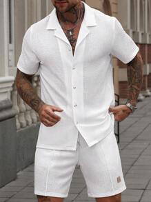 Manfinity Homme 2 pezzi/Set uomo, camicia a maniche corte bianca con texture e pantaloncini casual da estate - Bianco - Visualizzare 1