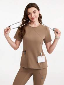 Scrubzie Top pentru uniformă de scrub cu mânecă scurtă, cu buzunare dublu, simplificat, de culoare uni, pentru vară