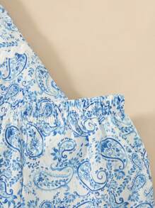 SHEIN Young Girl' Summer New Simple Blue & White Porcelain Color Vintage Floral Print Wave Trim Ruffle Collar Loose Blouse & Floral Embroidery Hem Shorts Casual Sweet Vintage Coordinating Set - Blue - View 6