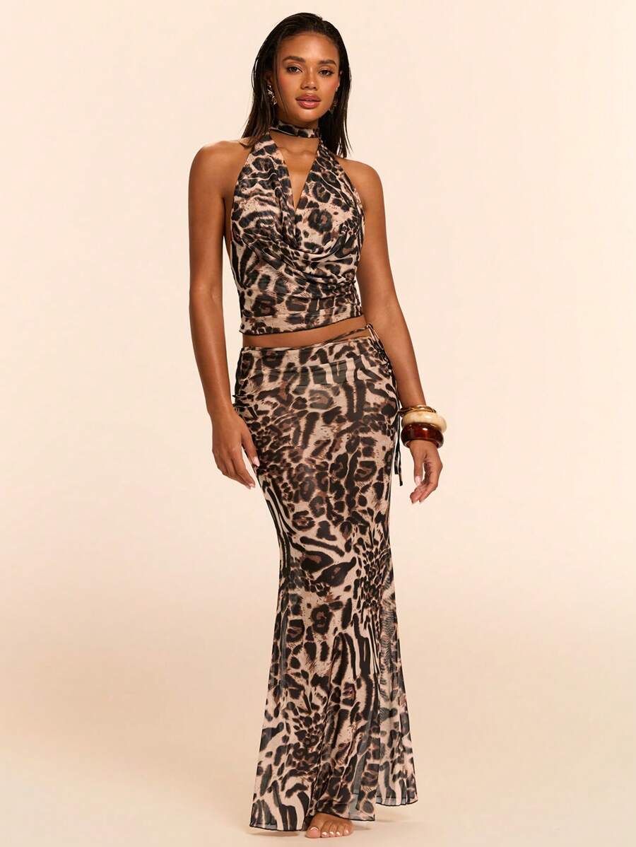 SHEIN BAE Women's Leopard Print Halter Neck Ruffled Top And Skirt Set/Country Concert Outfit - Brown - View 1