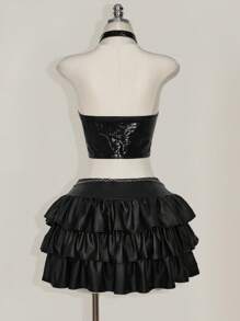 SHEIN ICON 加大码 Y2k 哥特风女式时尚 PU 皮革索环装饰后背系带背心 - 黑色 - 查看 2