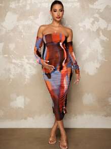 MaterniChic Stylish Maternity Maxi Dress: Off-The-Shoulder Knitted Ruched Dress With Long Sleeves In Multicolor Print - Multicolor - View 1