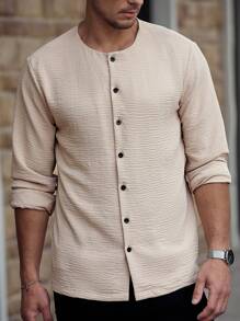 Manfinity RelaxMax Men's Simple Casual Solid Color Textured Button-Front Long Sleeve Shirt Vintage Designer Shirt, Suitable For Summer, Vacation, Daily, Party, Couple Matching, Men's Gift, Graduation Gift - Brown - View 1