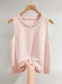 SHEIN Camiseta de mujer elegante con cuello redondo y tachuelas de perlas falsas, para verano