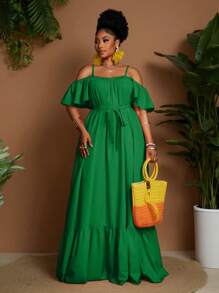 Maweii Plus Size Summer Elegant Off-Shoulder Ruffled Hem Dress - Dark Green - View 1