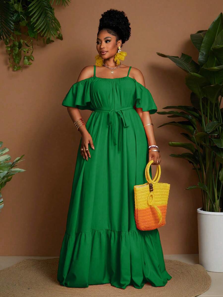 Maweii Plus Size Summer Elegant Off-Shoulder Ruffled Hem Dress - Dark Green - View 1