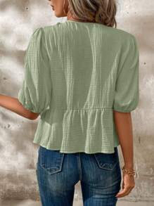 SHEIN Clasi Women's Summer Puff Sleeve Ruffle Hem Cute Peter Pan Collar Tie Front Blouse