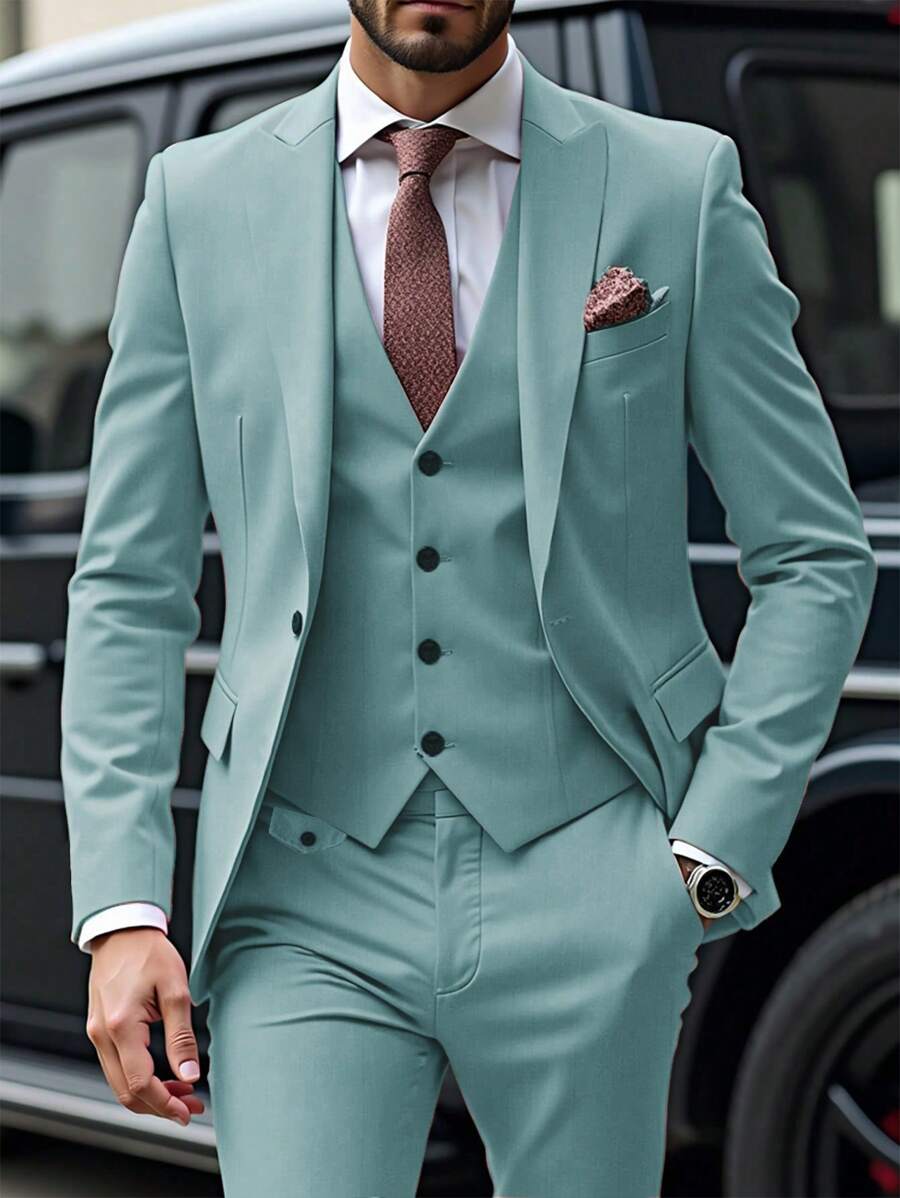 Manfinity Mode Men's Gentleman Business Single Breasted Suit Jacket And Pants Set - Dusty Blue - View 1