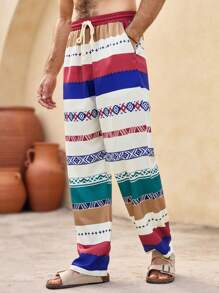 Manfinity VCAY Men's Casual Woven Striped Mid-Waist Drawstring Straight Leg Pants