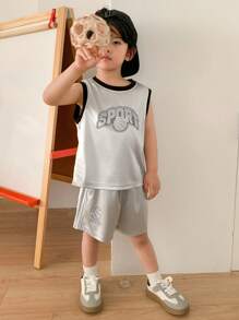 DAZY 2pcs/Set Toddler Boys' Round Neck Knitted Graphic Print T-Shirt And Shorts Set, Summer - Silver - View 3