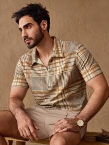 Manfinity ModaGents Set de 2 piezas de camisa polo de punto con cremallera y rayas, y shorts casuales para hombre, conjunto de polo ajustado