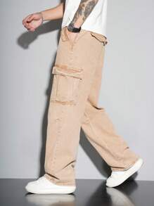 Manfinity Homme 宽松男式翻盖口袋侧边工装牛仔裤 - 卡其色 - 查看 4