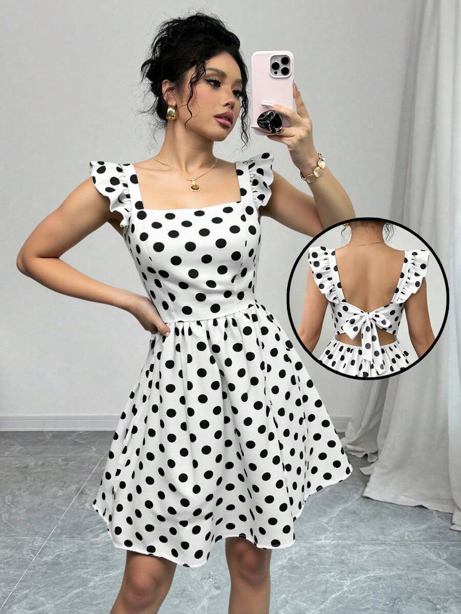 Rafferiza Random Print Square Neck Ruffle Hem Casual Dress - Black and White - View 1