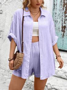 Breezaya 2pcs Plus Size Set - Solid Color Shirt & Shorts, Fashionable Summer Outfit