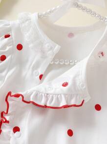 Infant & Baby Girl Ruffled Collar Strawberry Embroidery Polka Dot Bubble Sleeve Romper With Ruffle Hem, Cute & Comfortable For Home And Outdoor, Spring/Summer/Autumn