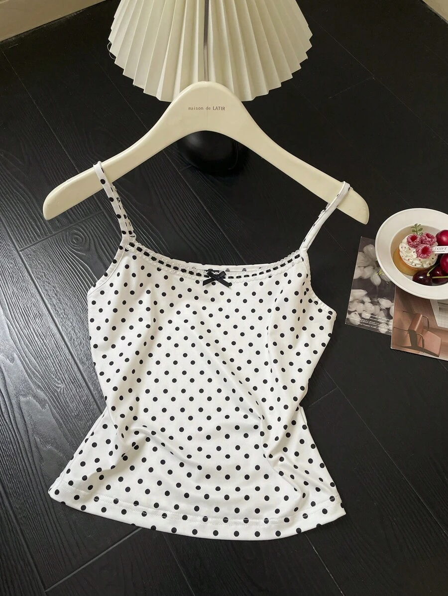 Comfortcana Damen Polka Punkt Spitze Saum Trägerhemd, Sommer - Schwarz und Weiss - Übersicht 1